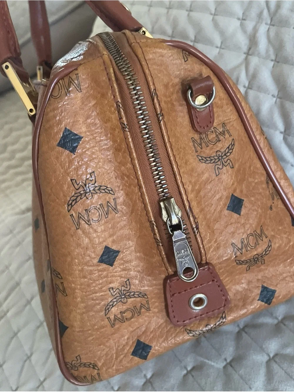 MCM Cognac Visetos Monogram Satchel with Brown Leather Handles